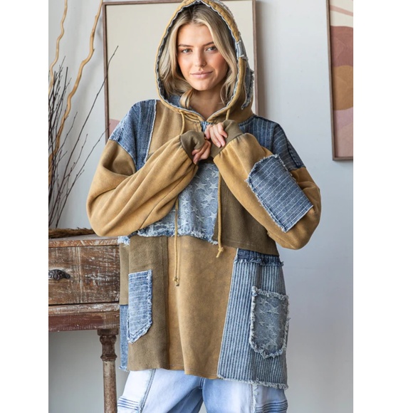 POL Tops - POL Patchwork Hoodie in Blue and Brown